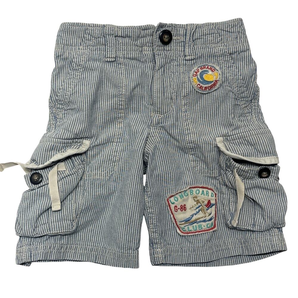 Vintage GAP Shorts 5 Boys Blue Pinstriped Cargo Longboard Club Surfing Patches